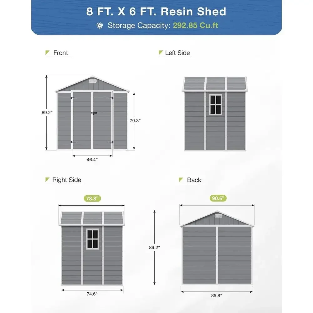 6x8 Resin Outdoor Storage Shed with Floor, Lockable Door, Window, and Vents - Grey & White