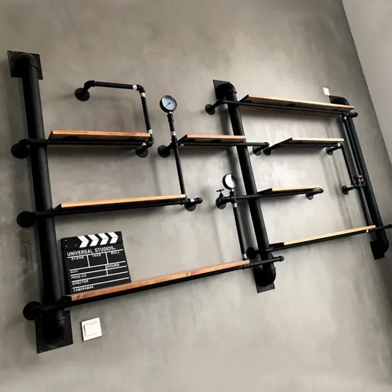 Old iron square industrial style decorative wall shelf wall-mounted display rack layered baffle wrought iron water pipe wall