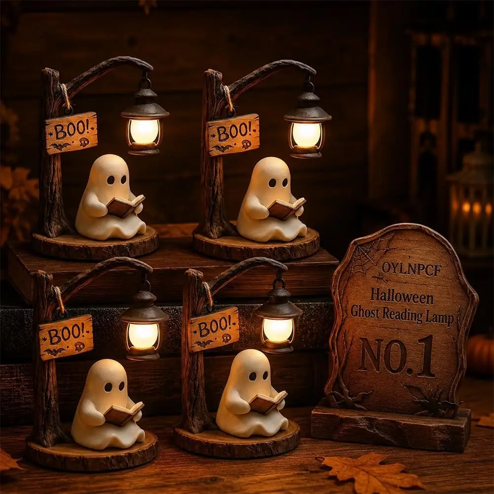 Ghost Lantern Halloween Reading Lamp Patchwork Figurine Warm Nightlight Shelf Table Office Bedroom Holiday Gift Decor
