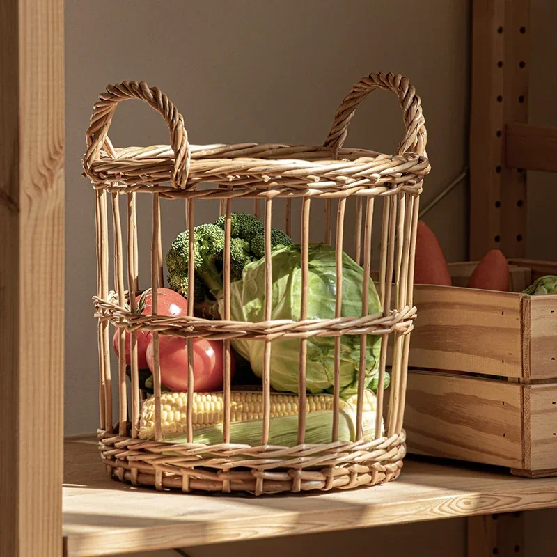 Manual Willow Weaving Laundry Basket, Natural Organizer with Bilateral Handle Versatile and Practical for Clothes, Fruit Storage