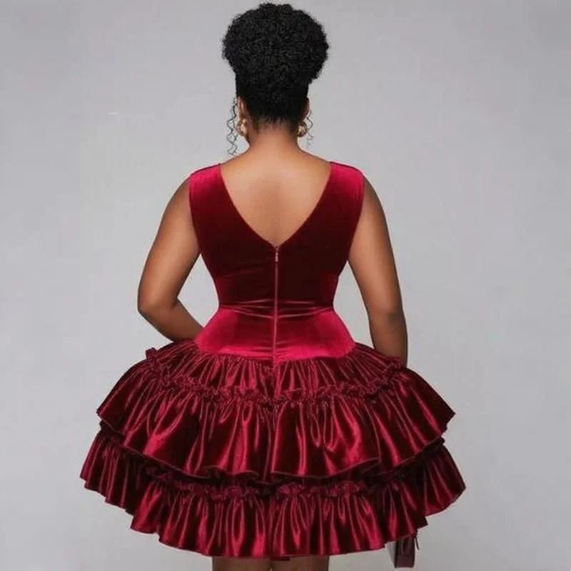 Burgundy Sexy Velvet Cocktail Dress V-neck Ruffle Layered Short Party Gown Tight Corset Ball Gown Vestdos De Fiesta Customized image 2