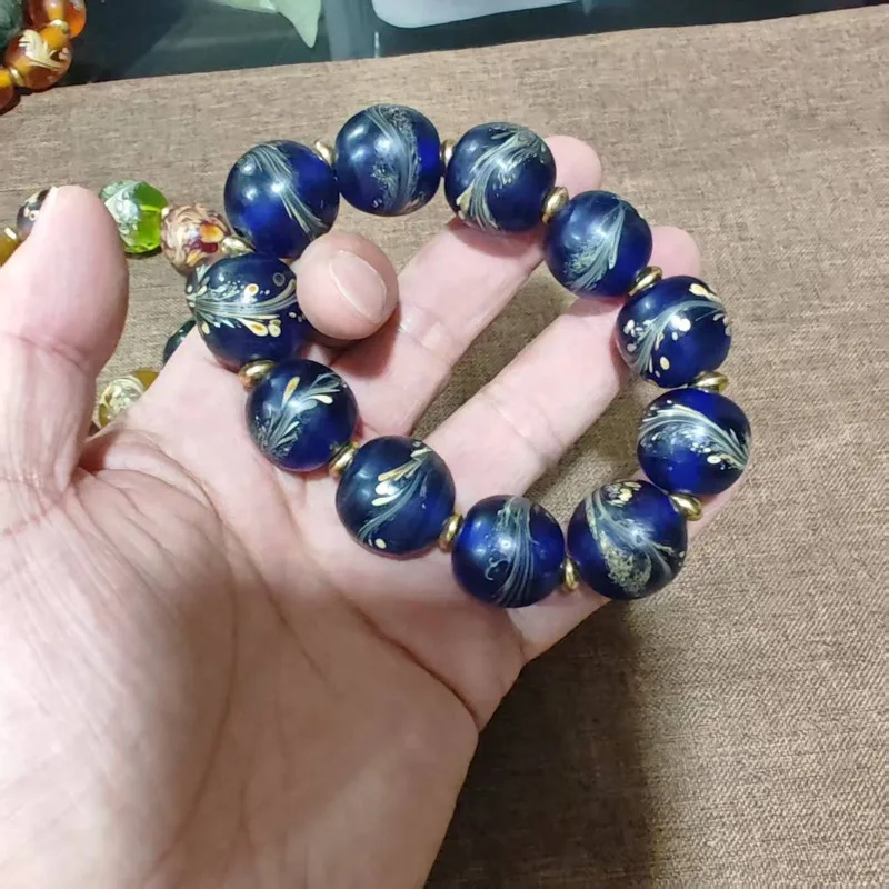 Hand‑crafted Retro Bohemian Bracelet Assorted Swirl Pattern Round Lampwork Glass Beads Gold Spacers Elastic Unisex Wrist Jewelry