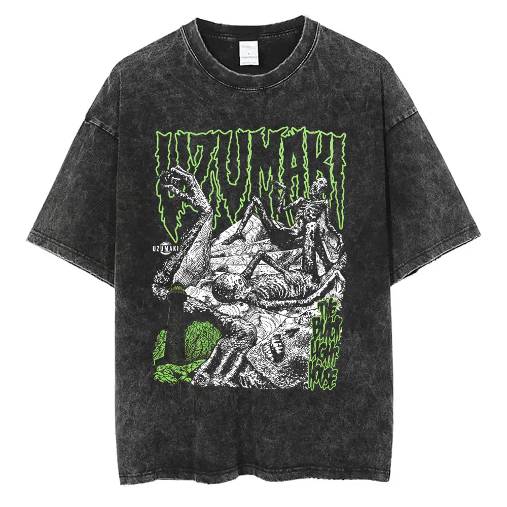 Washed Vintage Anime Tomie Junji Ito Uzumaki T-shirt Men Women Manga Horror Gothic Streetwear Male Retro Casual Cotton T-shirts