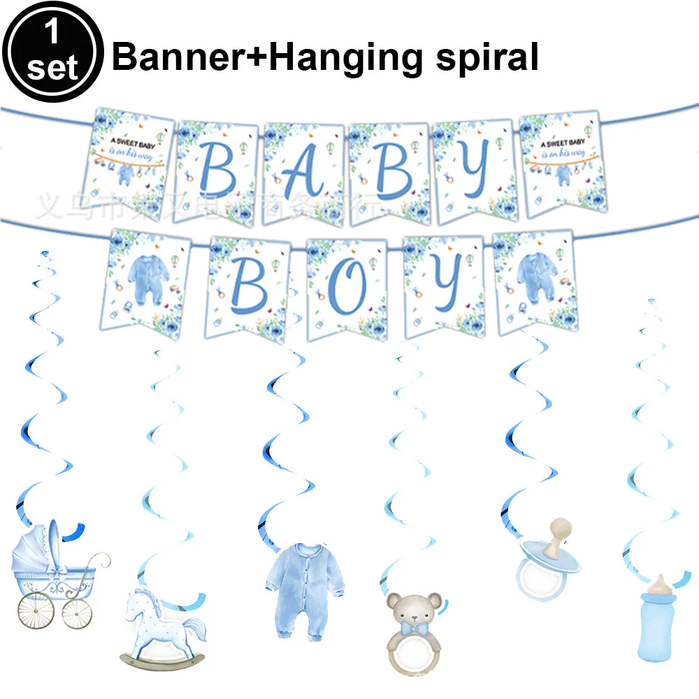Babyparty-Dekorationen für Jungen, blau, für Jungen, Banner, Luftballons, zum Aufhängen, Wirbel, Dekore, Kuchendeckel, Babyparty-Partyzubehör – Detail 2
