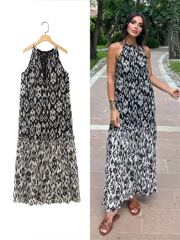 ZABA Women Elegant Splicing Strapless Sleeveless Loose A-Line Midi Dress Casual Beach Holiday Hanging Neck A-Line Dresses