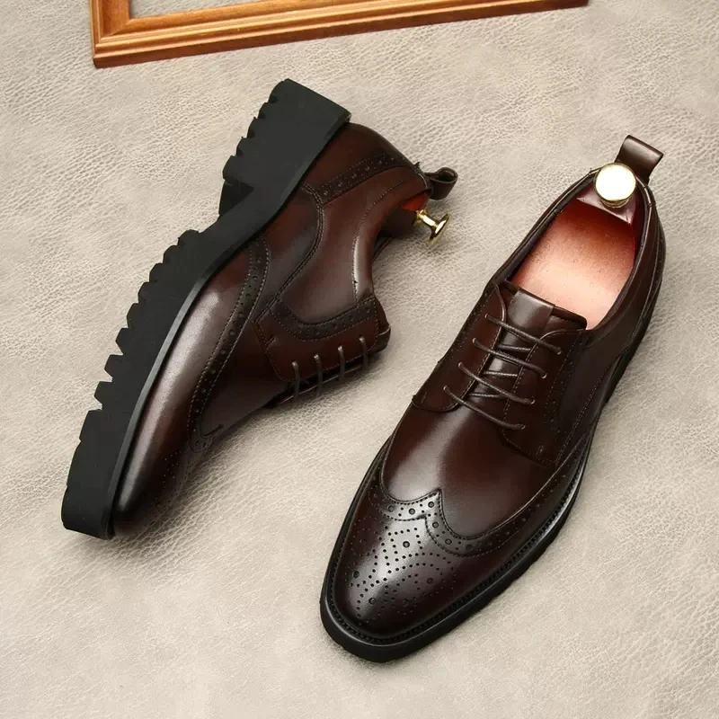 Genuine Leather Mens Business Dress Thick Sole Shoes Wedding Shoes Lace Up Men Fashion Italian Black Formal oxford Brogues Shoe