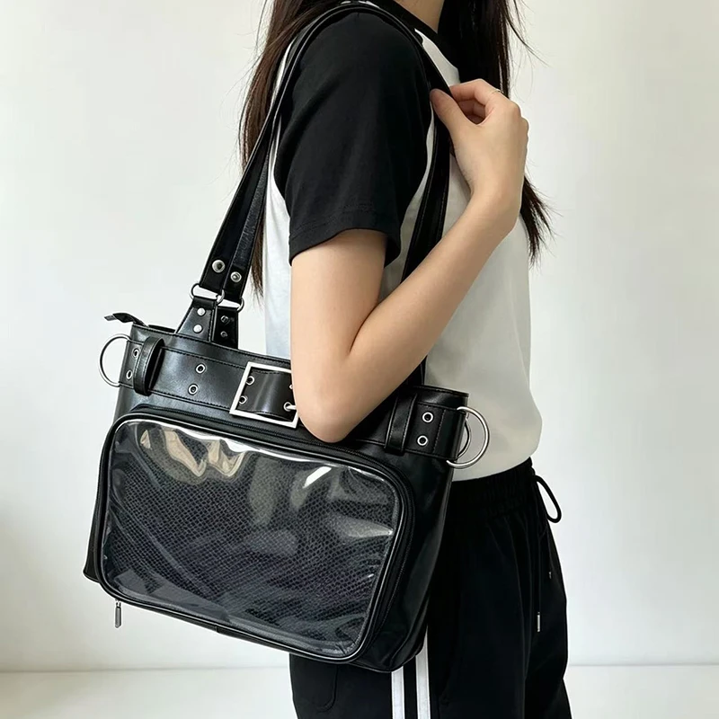 Y2k Punk Glossy Ita-bag Women,studded Decor Transparent Display Bag Large Waterproof Pu Leather Shoulder Bag Large Capacity Tote