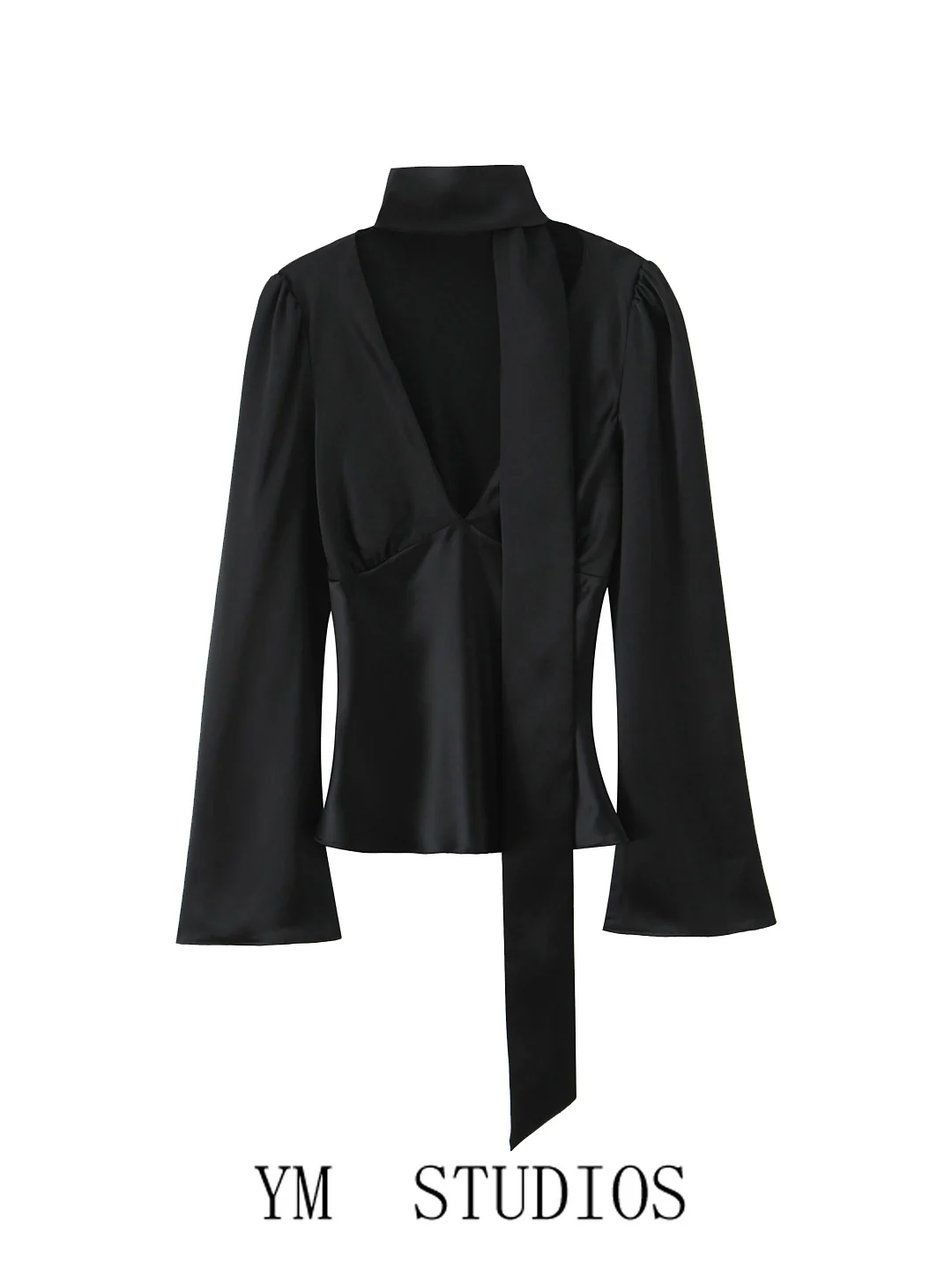 

Шелковый атласный топ с длинными рукавами-колокол, шарфом, завязками на талии, черный, французский стиль, приталенный, с V-образным вырезом, из полиэфирного волокна, приятный к телу.