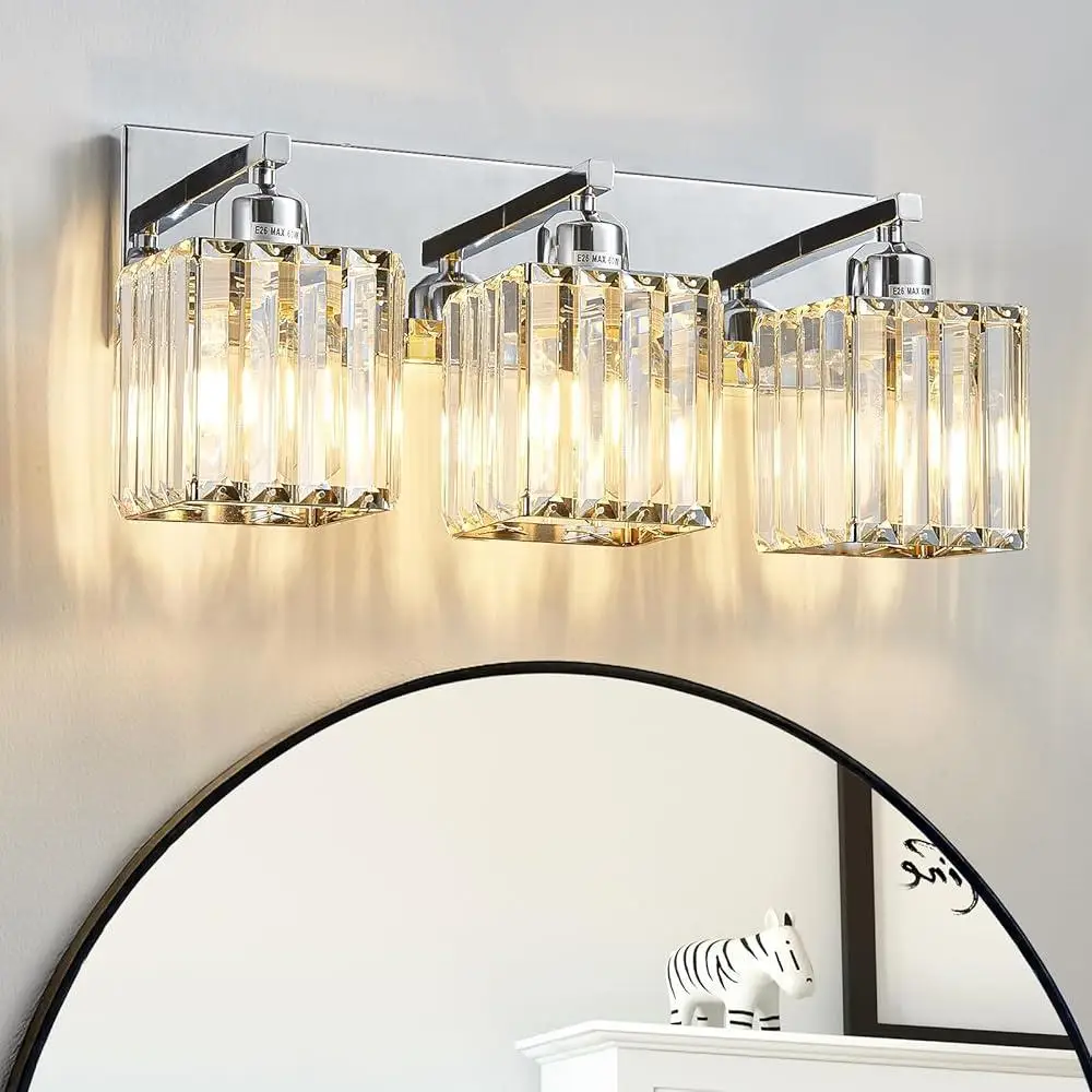 Modern Bathroom Vanity Light Fixture 3-Light Chrome Crystal Lighting Over Mirror Dimmable E26 Compatible Easy Install Home