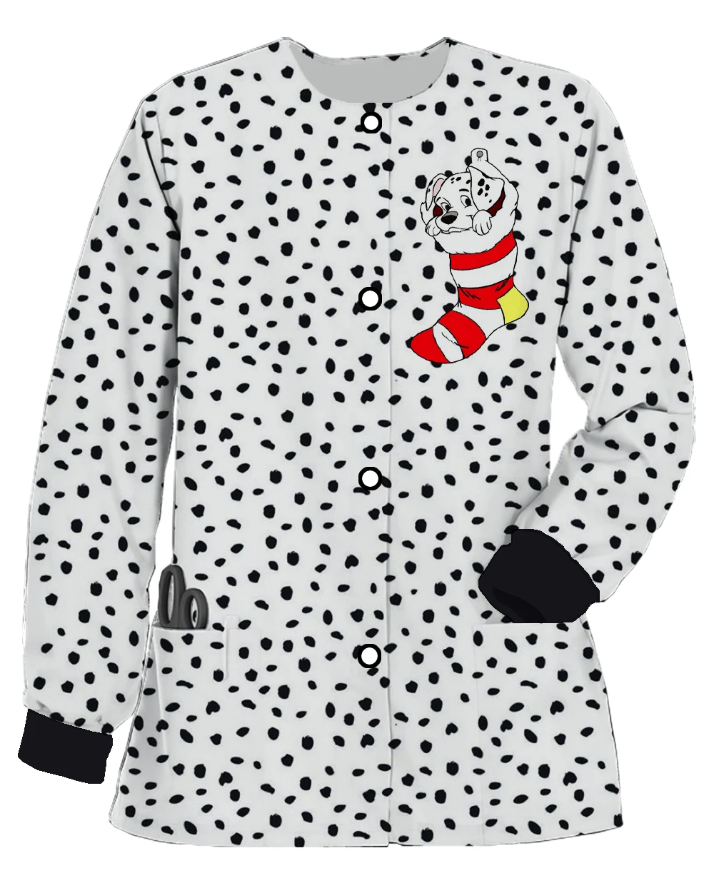 Disney Christmas Dalmatian Print Round Neck Pocket Long Sleeve Scrub Jacket Nurse Uniform Medical Uniform Beauty Salon Coat