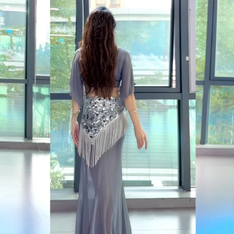 Bellydance 의상 연습 복장 3 피스 탑 스커트 술 엉덩이 스카프 세트에 대한 맞춤형 하이 엔드 플러스 사이즈 성능 세트
