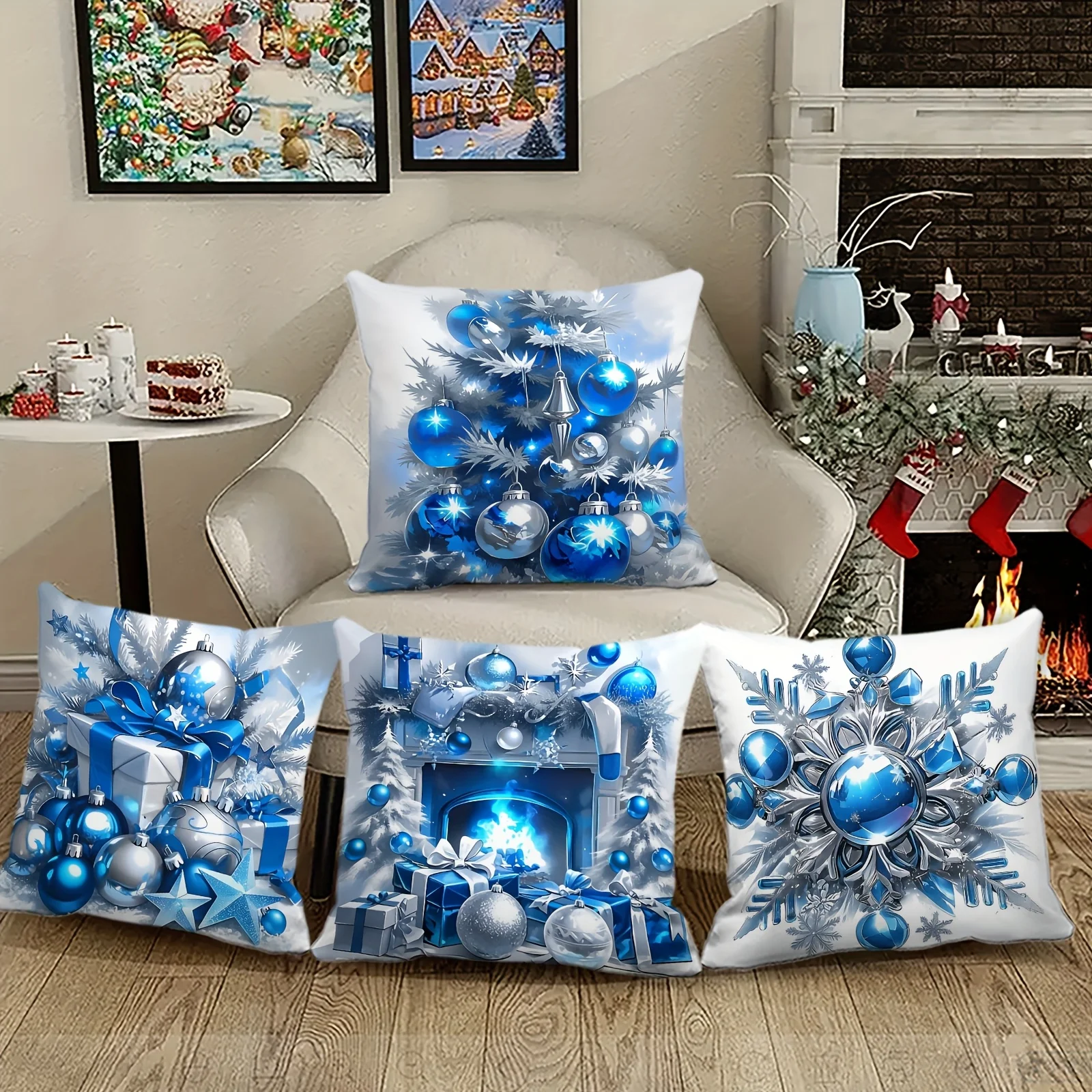 4pcs Christmas Pillow Covers – Blue White & Silver Decorative Design Square Cushion Covers for Sofa Living Room & Bedroom