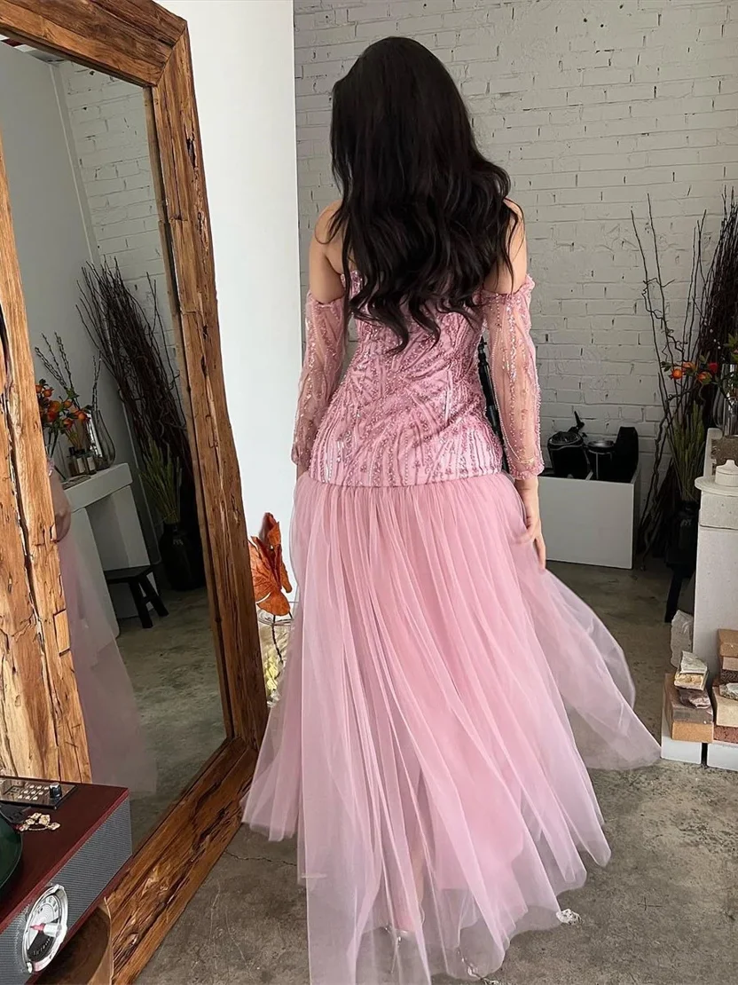 Oisslec Prom Dresses High Quality Strapless Sheath Cocktail Sequin Flowers Chiffon Occasion Evening Gown Вечернее Платье Женское