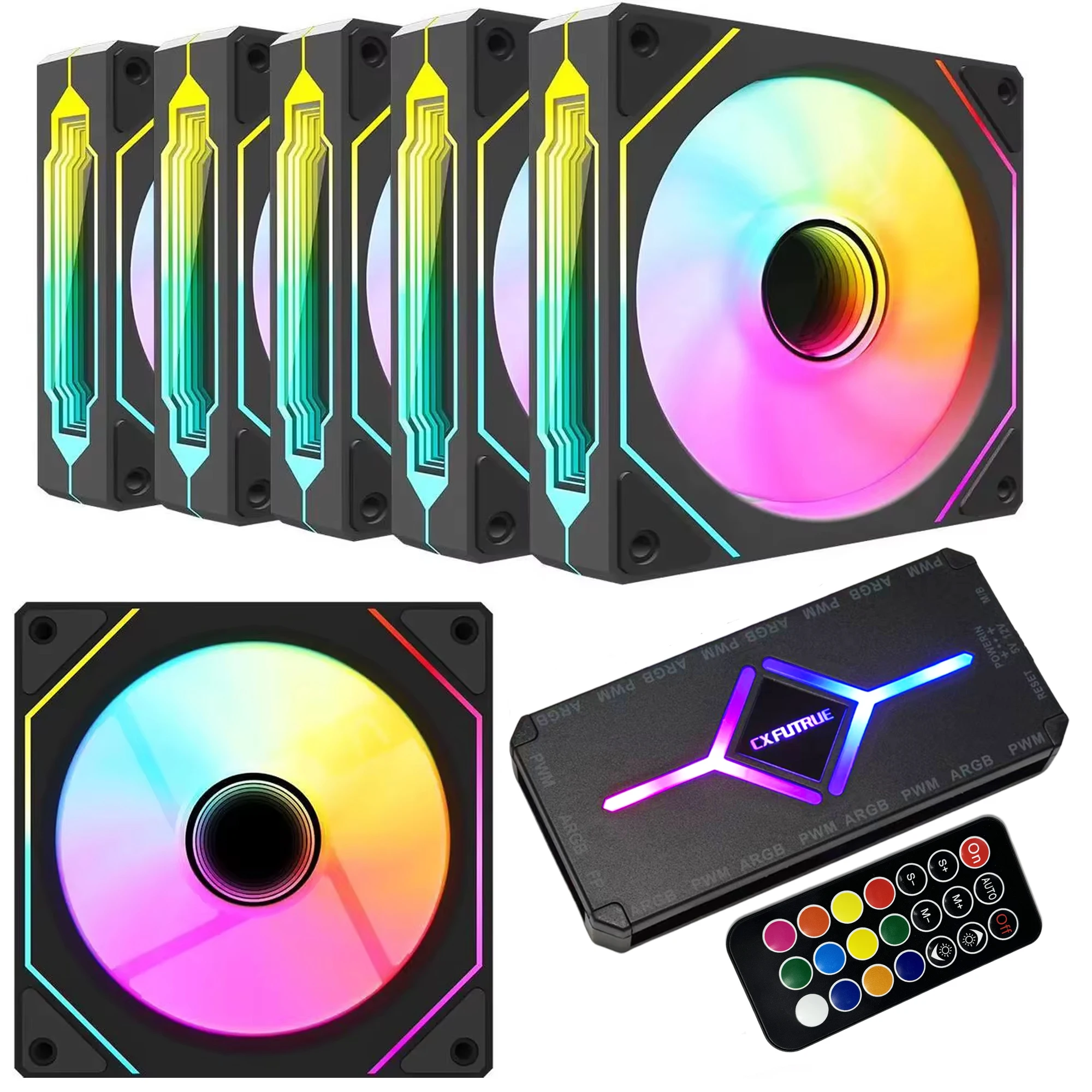 120mm ARGB PWM PC Case Fan 6Pack ARGB Cooling Fan with Remote Controller & Hub for PC Case Aura Sync（Batteries Not Included）