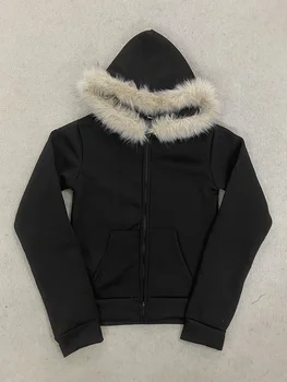 Y2K Gothic Women's Hooded Zip-Up Sweatshirt 4 Y2K Harajuku Gothic Women's Hoodie Sexy Slim Chic Suede Fur Collar Letter Print Cardigan Sweatshirt Female Streetwear 4