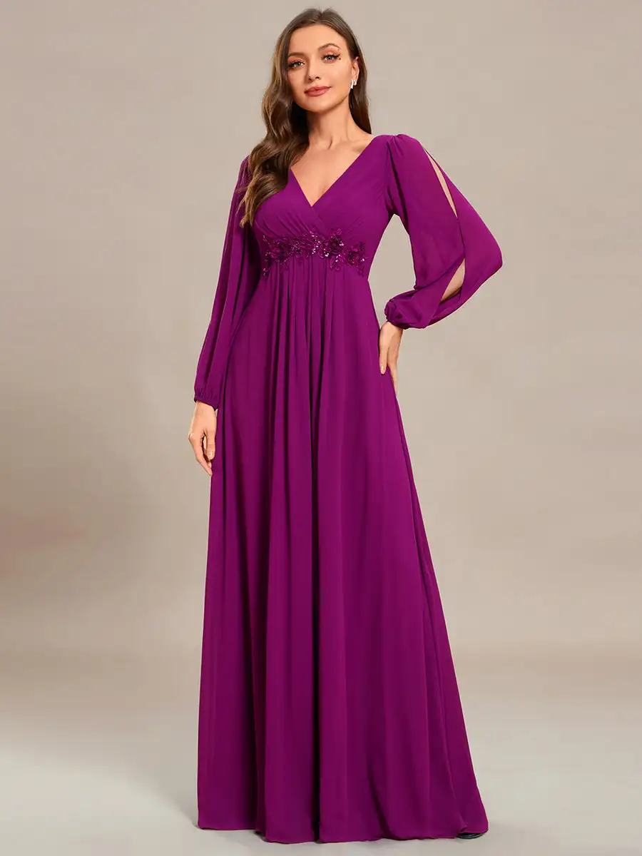 

Elegant Evening Dresses Deep V-neck Long Lantern Sleeves Decal design Floor length 2025 Ever Pretty of Fuchsia Bridesmaid dress