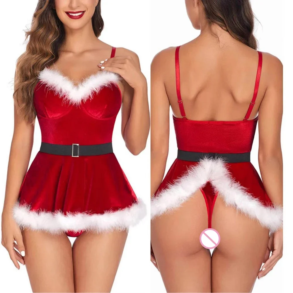 

Sexy Women Christmas Xmas Party Costume Lingerie Festival Faux Fur Trim Flannel Underwired Bra Corset Uniform Dress Up242
