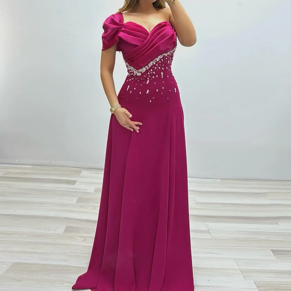 カスタマイズされた A ラインウエディングドレス床の長さのワンショルダーノースリーブイブニングドレスファッションクリスタルプリーツシンプルなドレープパーティードレス