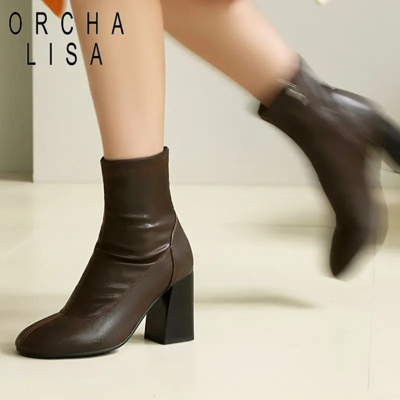 

Fashion Brown Women Ankle Boots Round Toe 8.3cm Block Heels Zipper Large Size 44 45 46 Short Booties Autumn