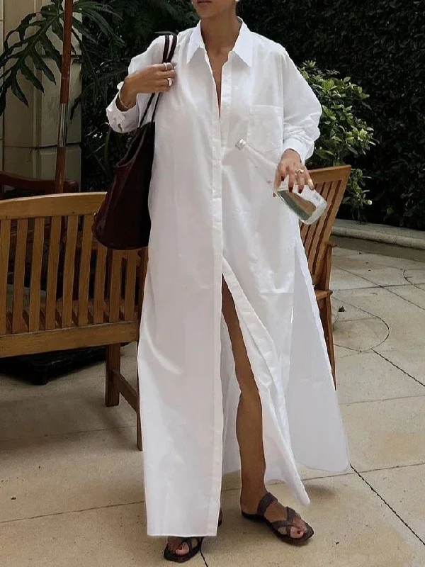 Witte maxi-jurken voor dames 2025, lente-zomerkleding, split-side vrouw, eenvoudige, casual lange shirtjurk met knopen