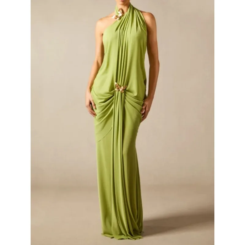 Tinaa 2026 Nuevo Vestido Verde Halter para Mujer, Verano, Sexy, Espalda Descubierta, Plisado, Decoración de Mariposas, Elegante, Vestido Largo para Fiesta de Noche