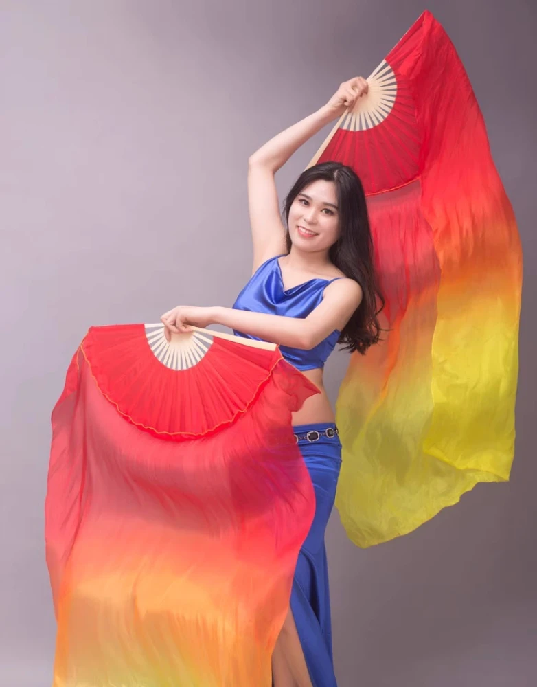 150cm Length Belly Dancing Fan Red gold Gradient Color Chinese folk dance Dancer Practice Long Dance Props Polyester Silk Fans