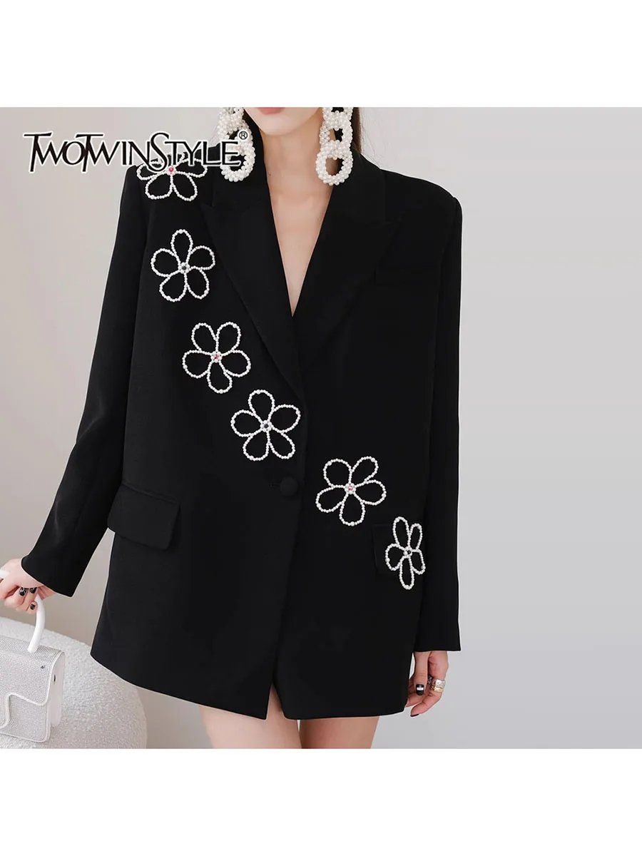 

TWOTWINSTYLE Pearl Three-dimensional Flower Blazer For Women Notchede Collar Hit Color Casual Chic Designer Blazers Female New