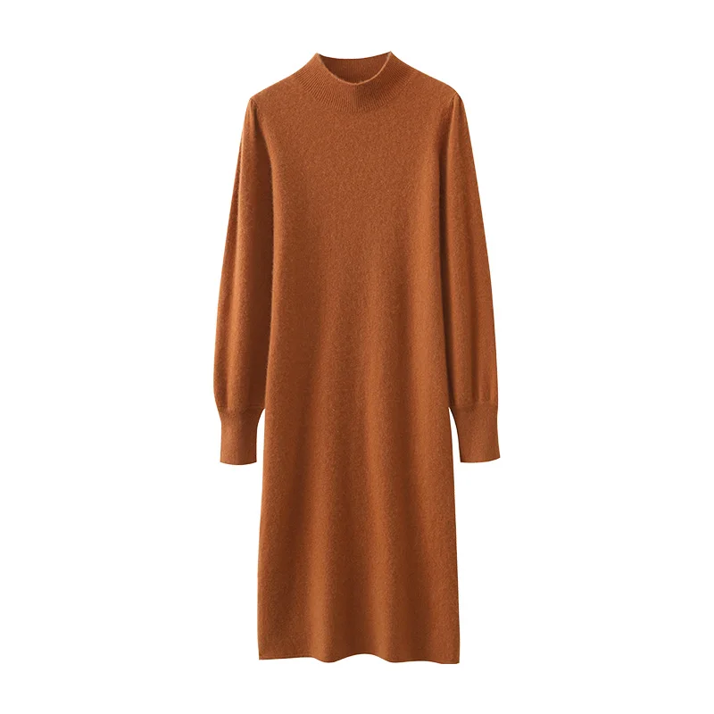 

Women Wool Dress Mock Neck Lantern Sleeve Pullover Sweater 100% Merino Wool Knitwear Autumn Winter Solid Cashmere Straight Skirt