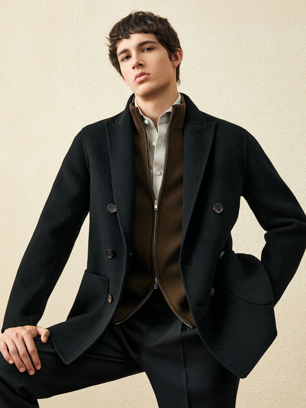 معطف قصير من الصوف بنسبة 100% للرجال |   معطف شتوي سميك أسود مزدوج الصدر |   معاووس وسترة دافئة ذات وجهين