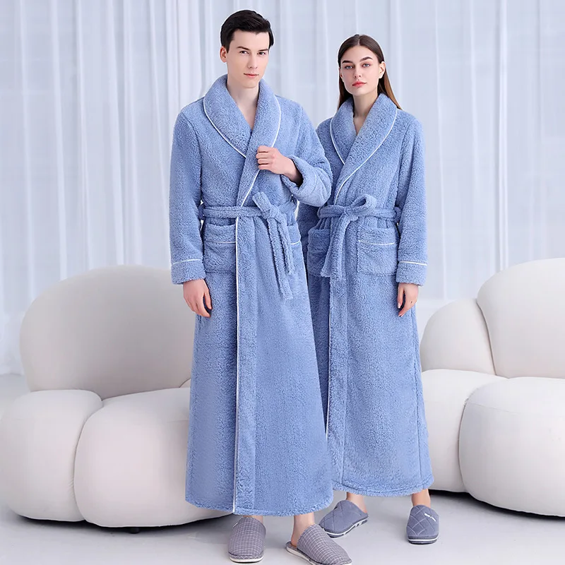 

Coral Velvet Couple Robe Autumn Thickened Extended Plush Nightgown Women's Sexy Bathrobe Men's Large Size Flannel Home Clothing