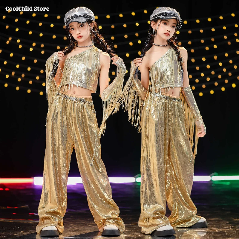 Hip Hop chica brillante borla dorada Crop Top pantalones con lentejuelas niños k-pop Jazz conjuntos de ropa niño niña grupo ropa de calle trajes de escenario