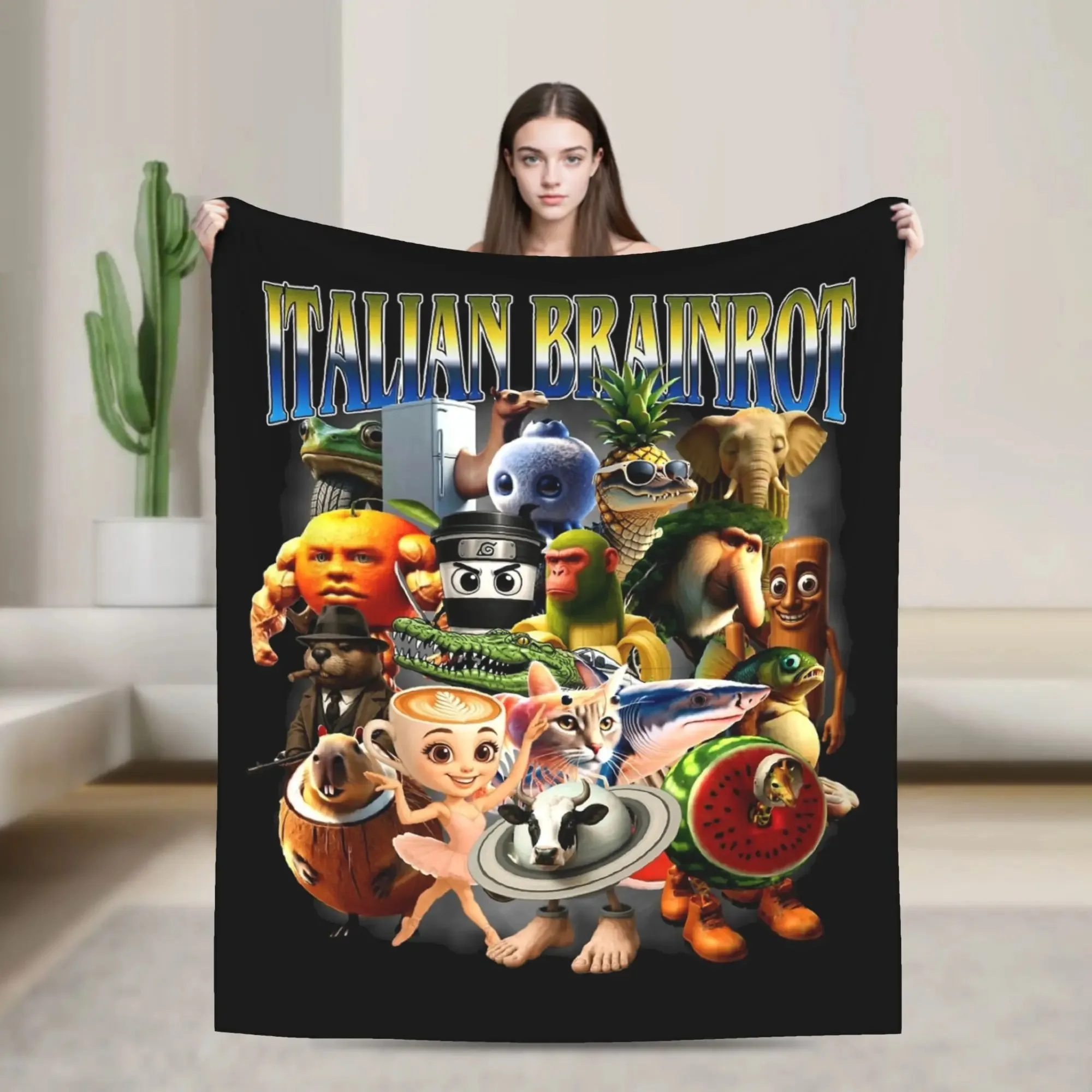 الإيطالية Brainrot Meme منقوشة الفانيلا بطانية لينة مريحة دافئة متعددة الأغراض في الهواء الطلق التخييم السفر هدية بطانية للنشر #2