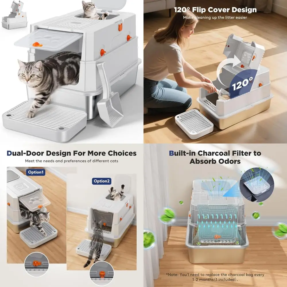 صندوق نفايات القطط المعدني المغلق كبير جدًا للقطط الكبيرة، صندوق نفايات من الفولاذ المقاوم للصدأ عالي الجوانب XL مع غطاء، مثالي للقطط الكبيرة #1