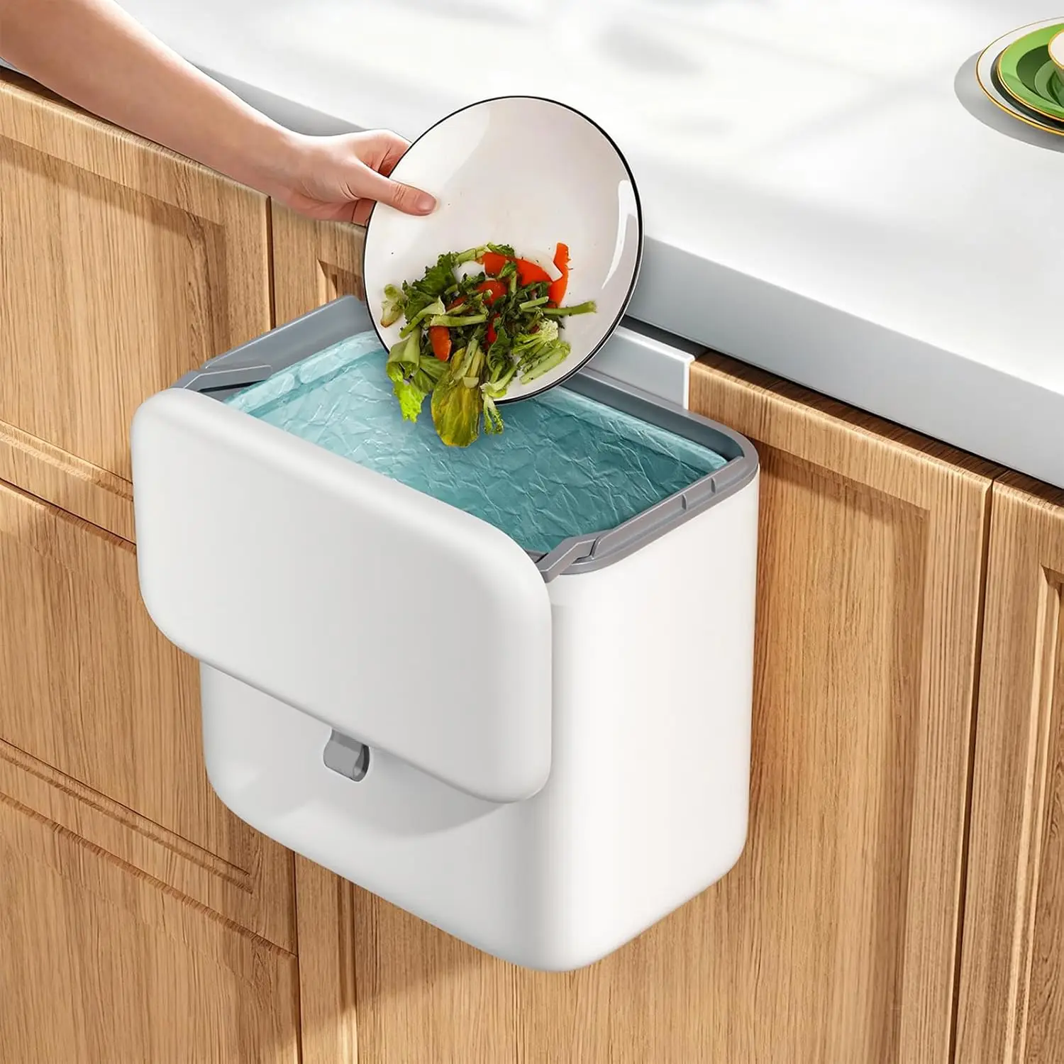 

2.6 Gal Hanging Compost Bin for Kitchen, Under Sink, Cabinet Door - White ABS, Odor-Free Lid