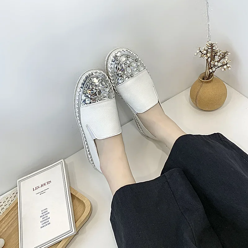 Comemore New strass Leather Flats Shoes donna Silver Bling mocassini Slip On Platform Shoes donna Flat Slipper studenti Casual