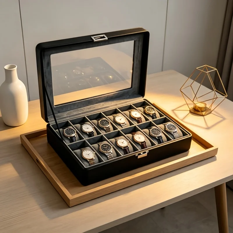 

Luxury 12 Slot Leather Watch Box with Lock, 7Pcs Watch Display Organizer + 6 Self-Closing Pouches for Men Watch Lovers