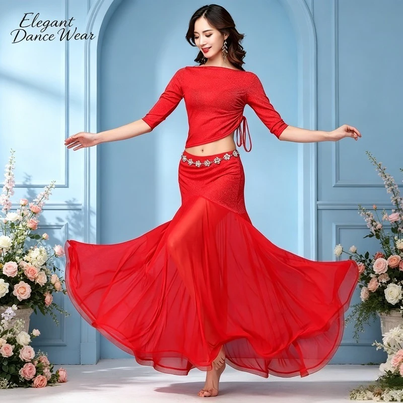 Women‘s Belly Dance Practice Set High Waist Flared Skirt & Crop Top Quick Dry & Wrinkle Resistant Ideal for Stage Performance