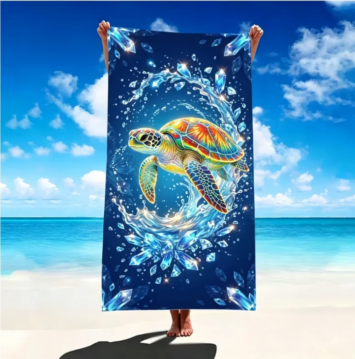Microfiber Large Beach Towel, Sand Free Quick Dry, Glitter Crystal Dolphin Print, Ocean Themed Soft Towel