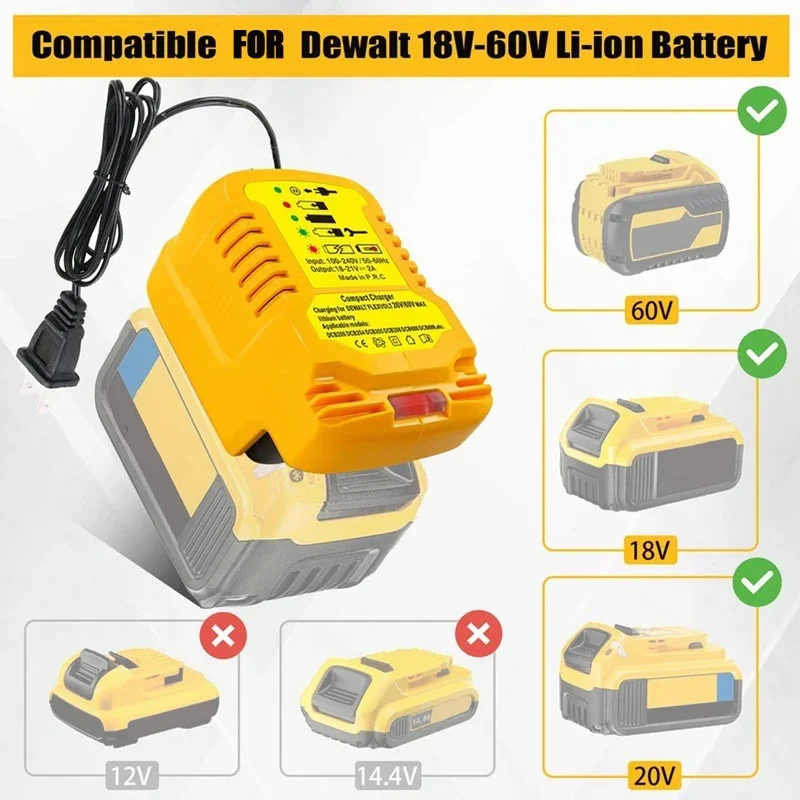 12V/24V 100-240V Li-ion Battery Mini Compact Car Charger for DeWalt 18V 20V 60V Lithium Battery DCB200 Replacement for DCB112