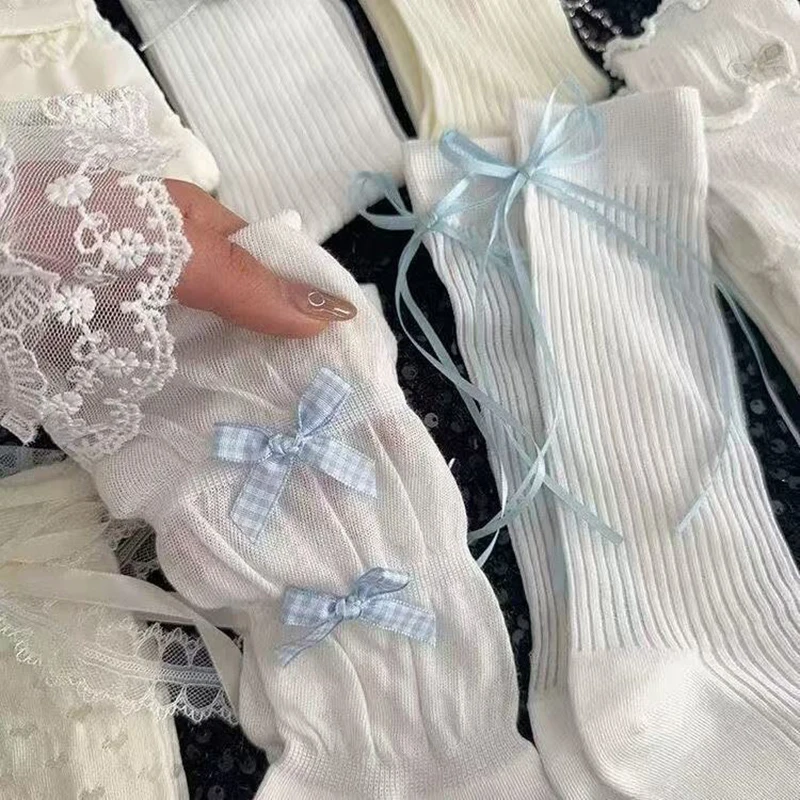 5 Paar Damen-Socken mit Schleifen-Accessoires, modische, niedliche Mid-Tube-Socken im Lolita-Stil, weich, bequem, atmungsaktiv, für alle Jahreszeiten, Freizeitsocken – Detail 3