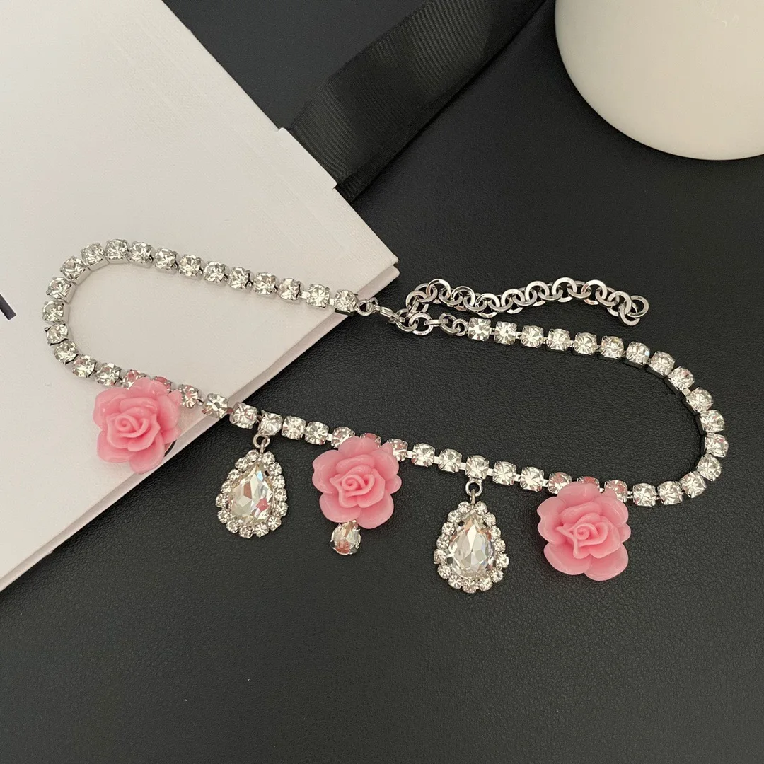 Necklace Temperament Light Luxury Pink Flower Drop Jewelry For Women Collares Para Mujer Collar Collier Femme Pendant Grandes De