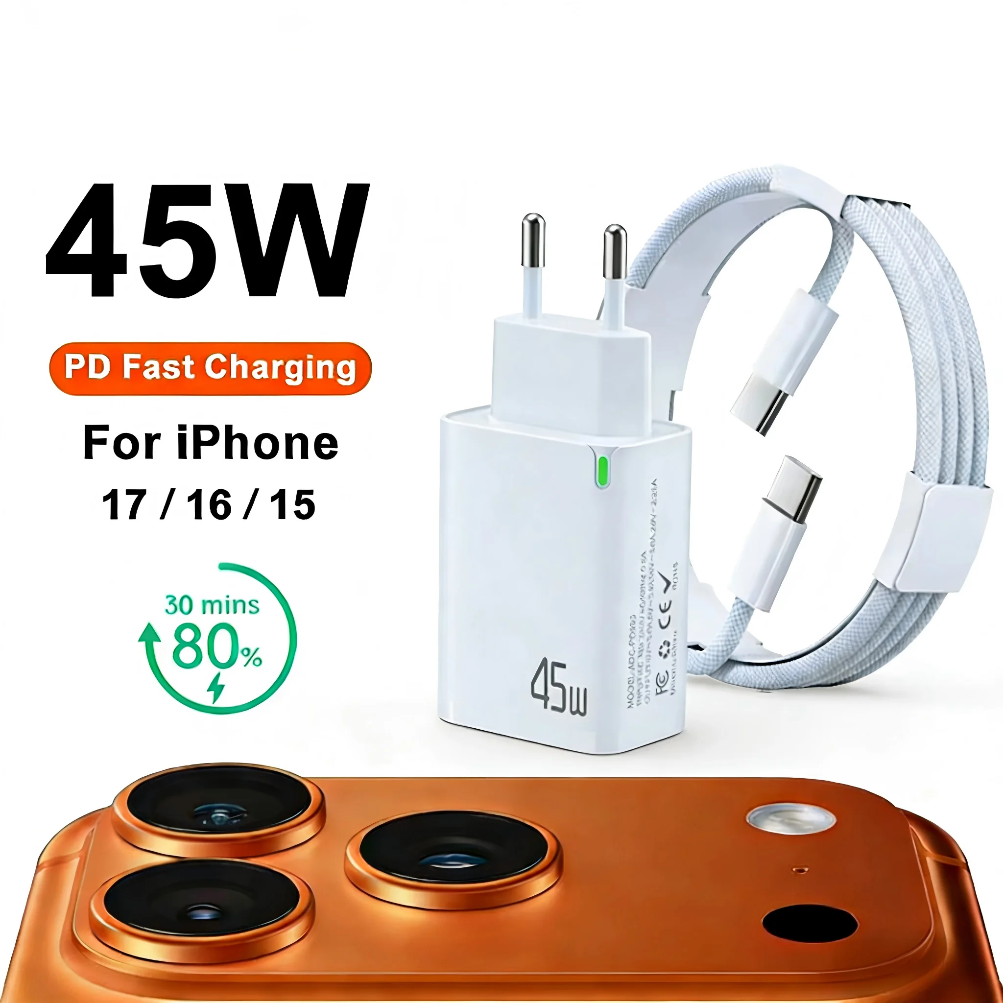 EU PD 45W Schnellladegerät für iPhone 17 16 15 11 12 13 14 Pro Max iPad Air – USB-C Ladekabel und Datenkabel für schnelles Aufladen von Smartphones