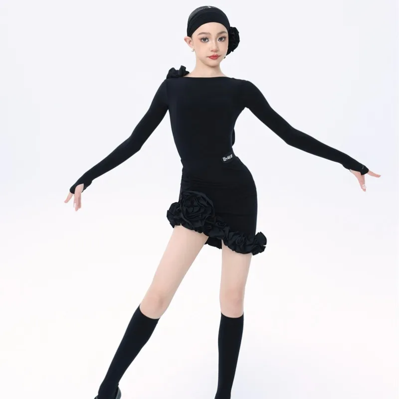 UK Latin kinderdansset: winter elegante Muse-geïnspireerde tweedelige rokoutfit, ballroomdanskostuums in virale stijl