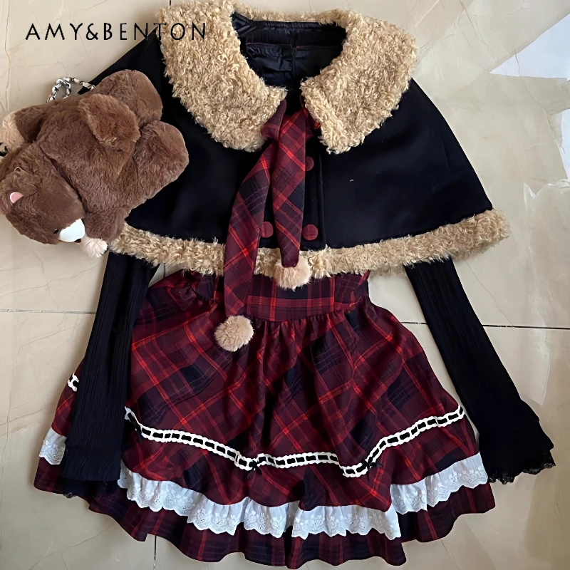 2025 Winter New Christmas Atmosphere Women's Set Plush Cape Coat Fake Two-Piece Plaid Splicing Dresses Two-Piece Sets Ladies