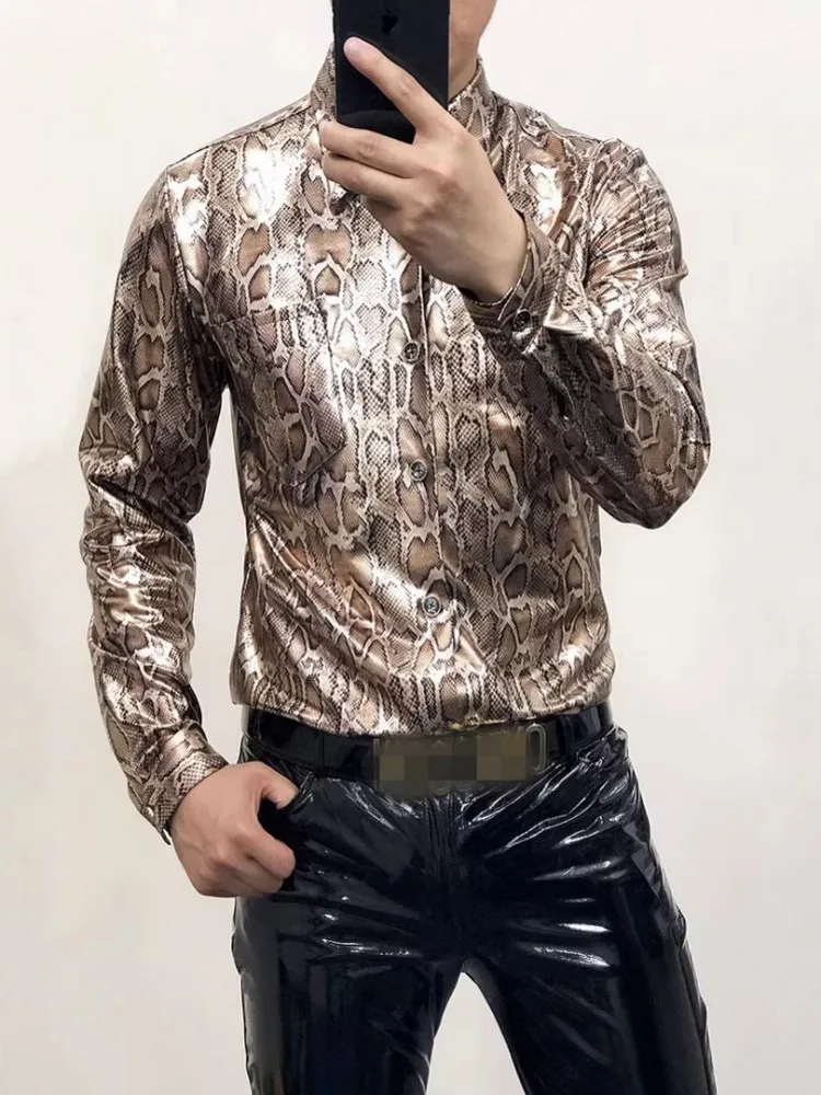 Sexy Nightclub Men Slim Fit Fashion Leopard Print Serpentine Shirt Long Sleeve Single Breasted Casual Tops Plus Size 5XL 6XL