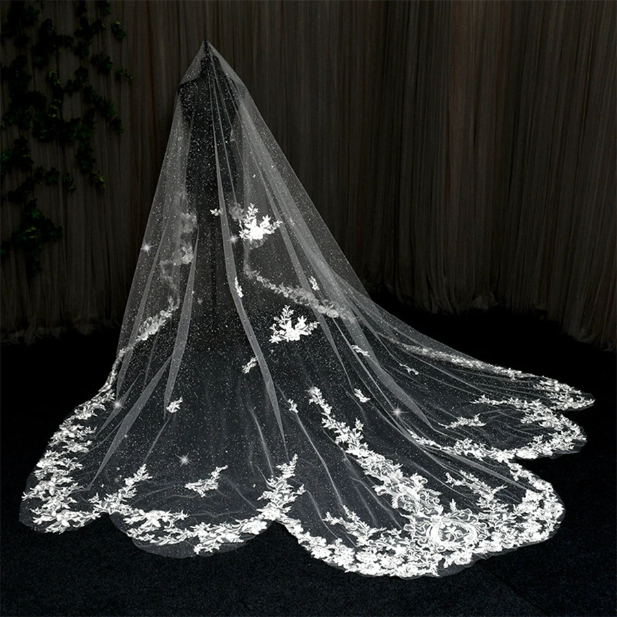 New Arrival Lace Appliques Sexy Bridal Veils Shiny Tulle Cathedral Wedding veil 3.5 Metre Length Bride wedding accessories