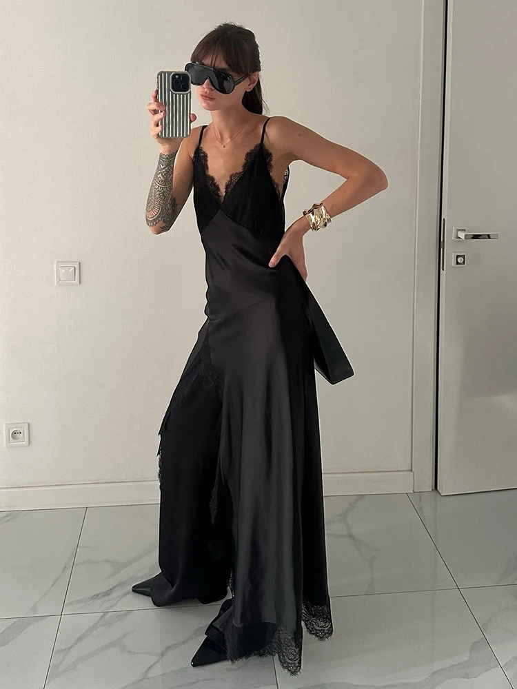 Lace Splice Slit Dress For Women Sleeveless Maxi Spaghetti Strap Sexy Dresses Satin Vacation Party Bodyocn Dress Vestidos