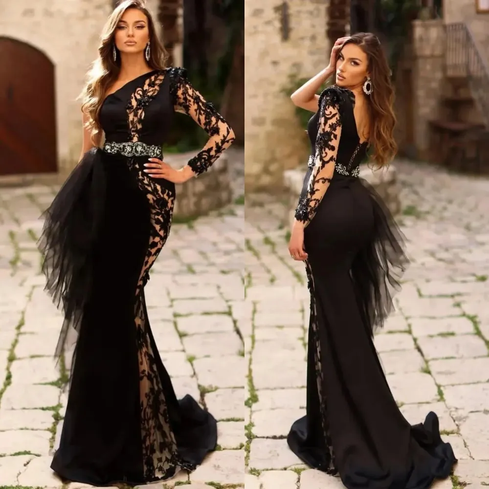 

Chic Formal Party Gowns Tulle Black Mermaid One Sleeves Appliques Reception Birthday Engagement Evening Dress Luxury Customized