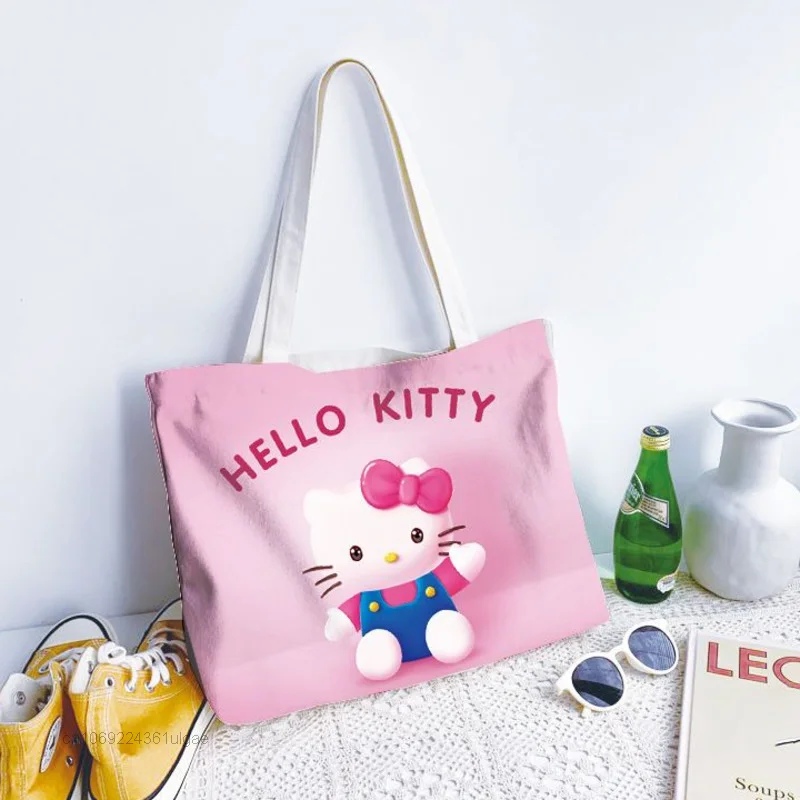 Sanrio Hello Kitty płócienna torba damska na co dzień torby na ramię 3 rodzaje rozmiar nadruk kreskówkowy modna torebka Y2k kobiece różowe duże torba z rączkami