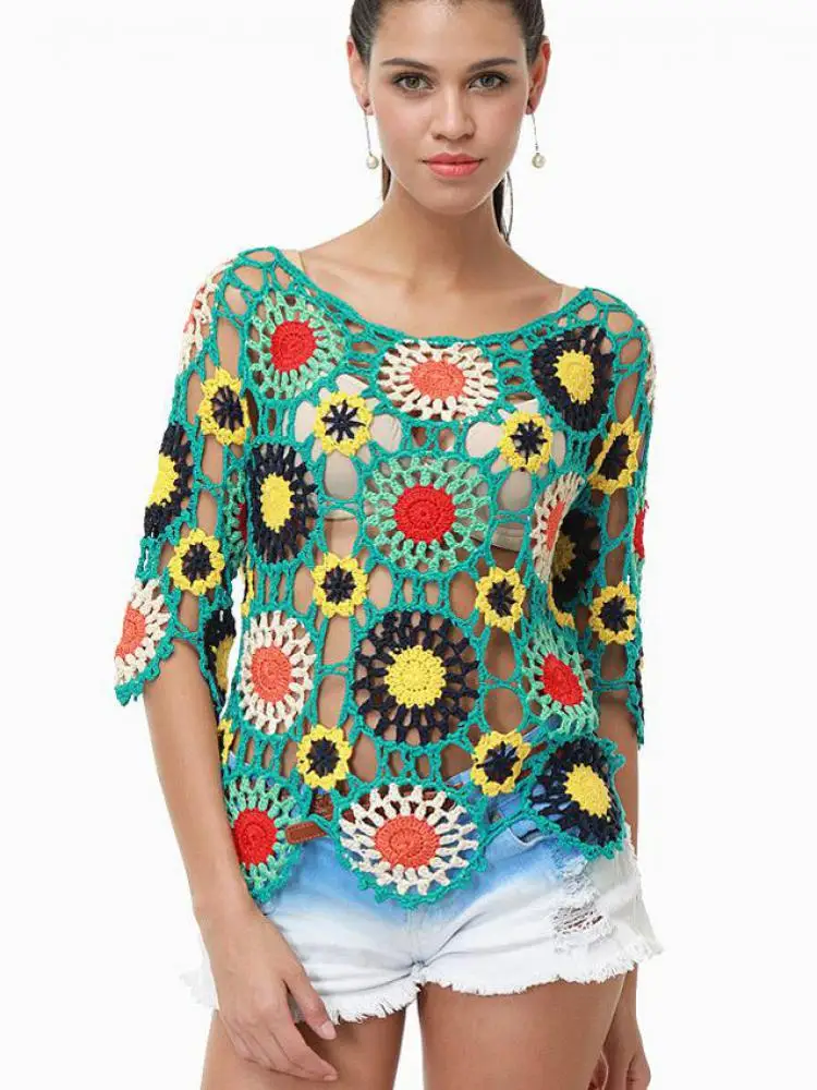 

Летний вязаный крючком с цветными блоками и рукавами семь четвертей, женский винтажный вязаный топ в стиле бохо, шикарный пляжный халат для отдыха, топы